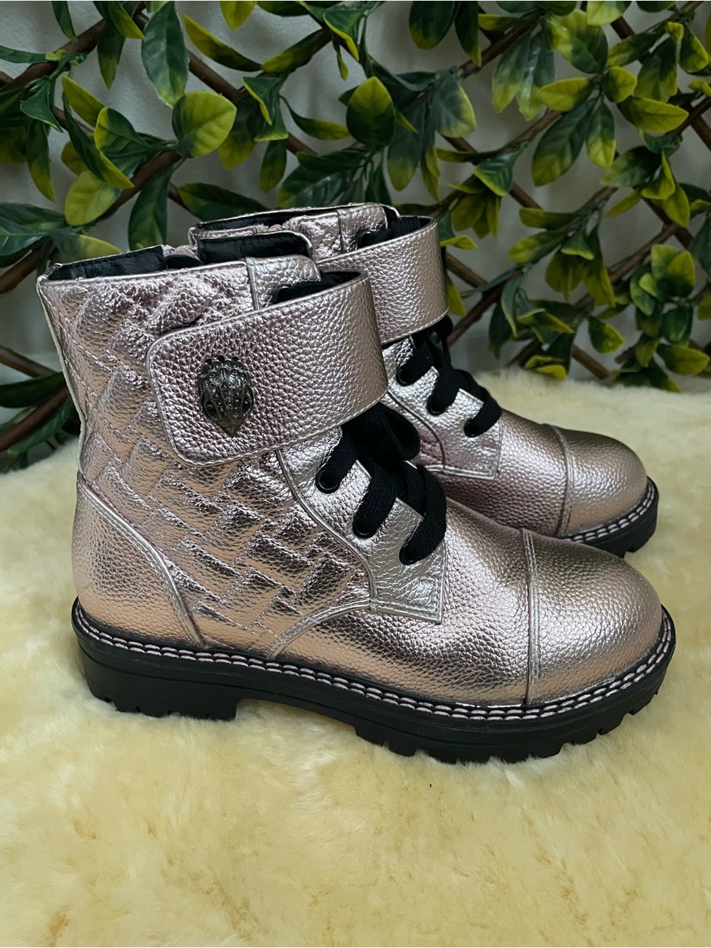 Kurt Geiger London mini Kensington strap pink metallic leather boots sz 4 youth